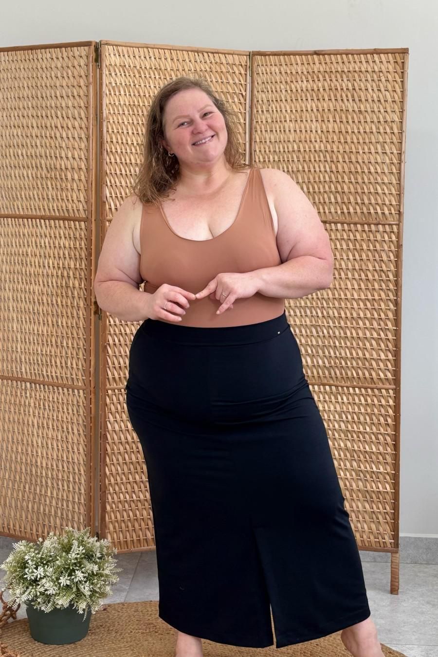 Saia Tania Plus Size Mopdelo Midi com Fenda Frontal