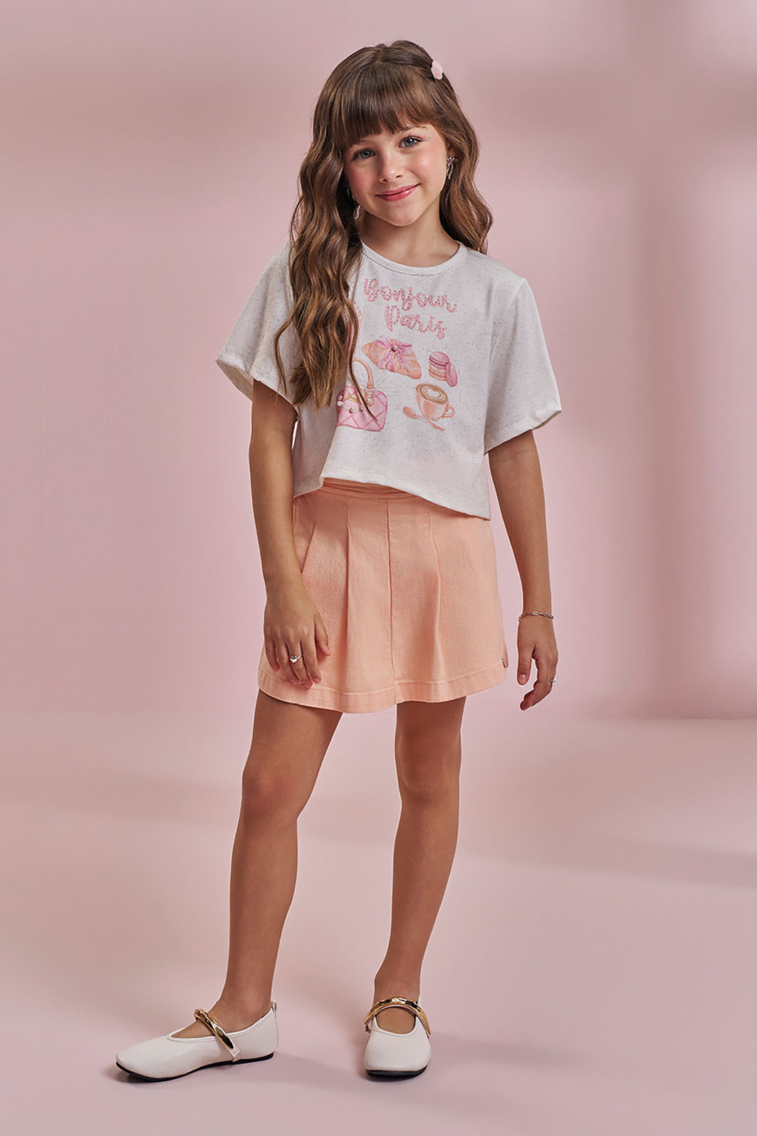 Conjunto de blusa em malha power e short saia em sarja com elastano 96788 Kukiê Infantil Menina