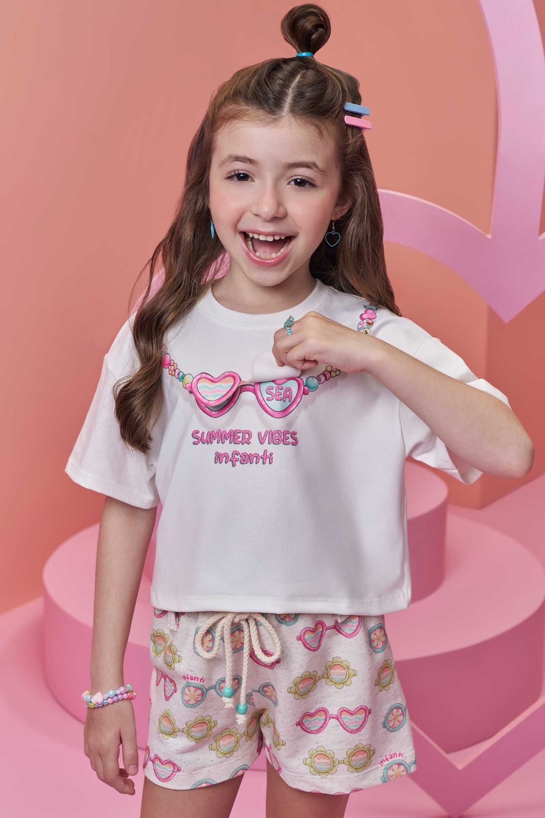Conjunto de blusa em meia malha e shorts em moletom linho sem pelúcia 98527 Infanti Infantil Menina