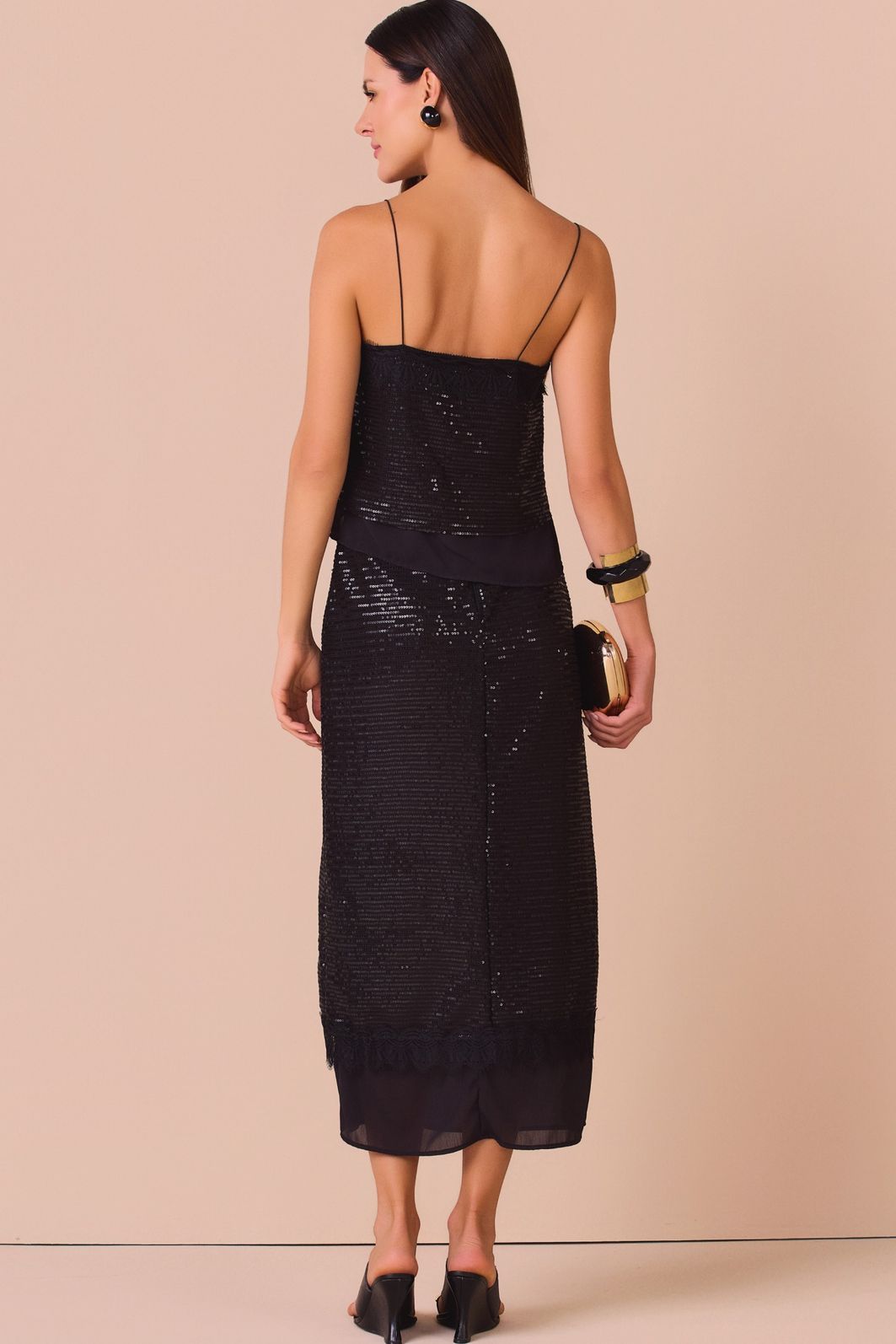 Saia maxi midi em paetê e chiffon texturizado 99688 Linzzi Saia maxi midi em paetê e chiffon texturizado 99688 Linzzi