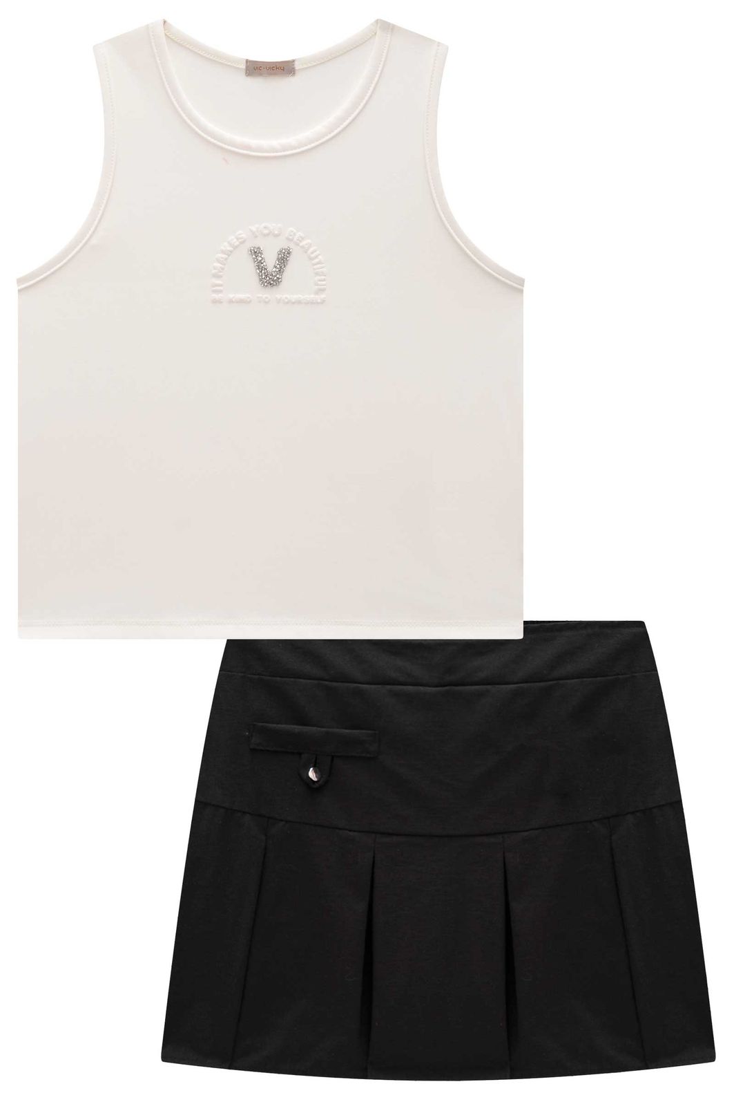 Conjunto de regata em poliamida e short saia em alfaiataria 92683 Vic Teen Menina