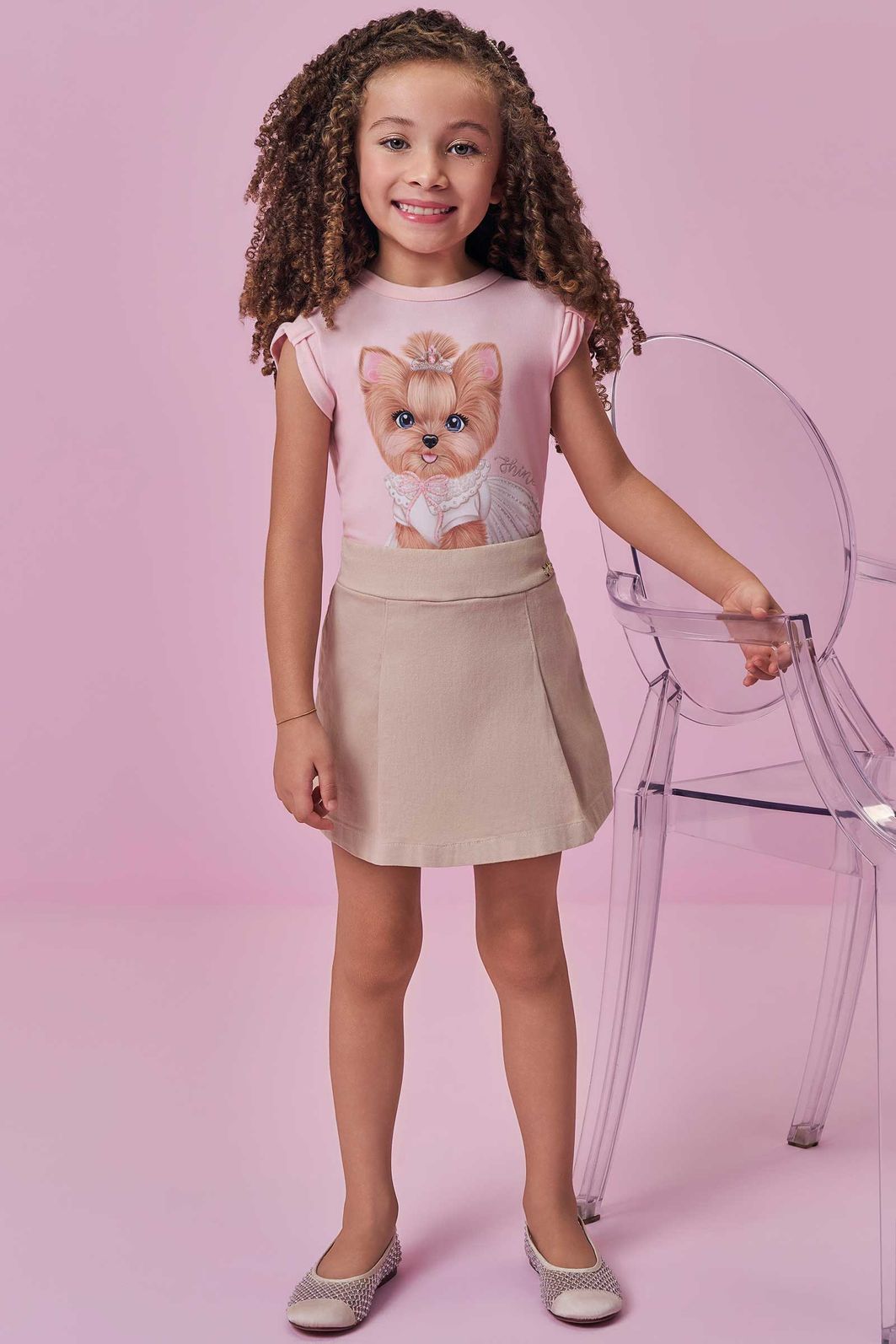 Conjunto de blusa em cotton e short saia em sarja com elastano 99210 Kukiê Infantil Menina Conjunto de blusa em cotton e short saia em sarja com elastano 99210 Kukiê Infantil Menina