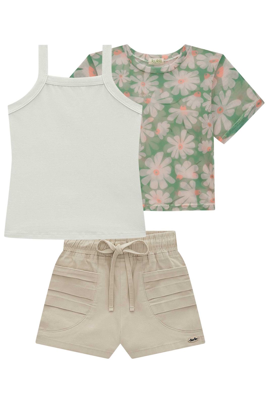 Trio de blusa em tule com elastano, regata em cotton e shorts em sarja com elastano 98744 Kukiê Infantil Menina Trio de blusa em tule com elastano, regata em cotton e shorts em sarja com elastano 98744 Kukiê Infantil Menina