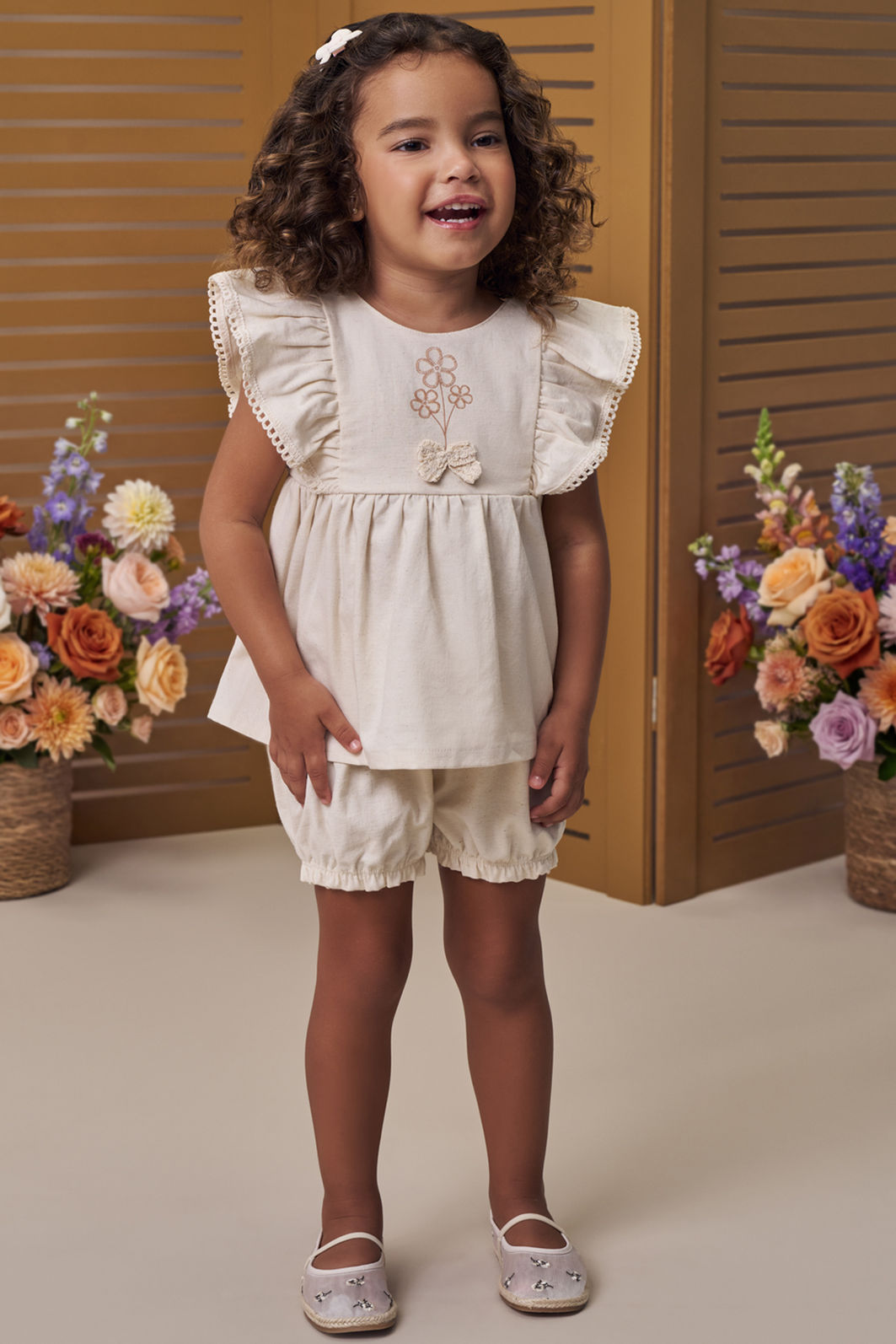 Conjunto de bata e shorts em linho com elastano 98560 Infanti Bebê Menina