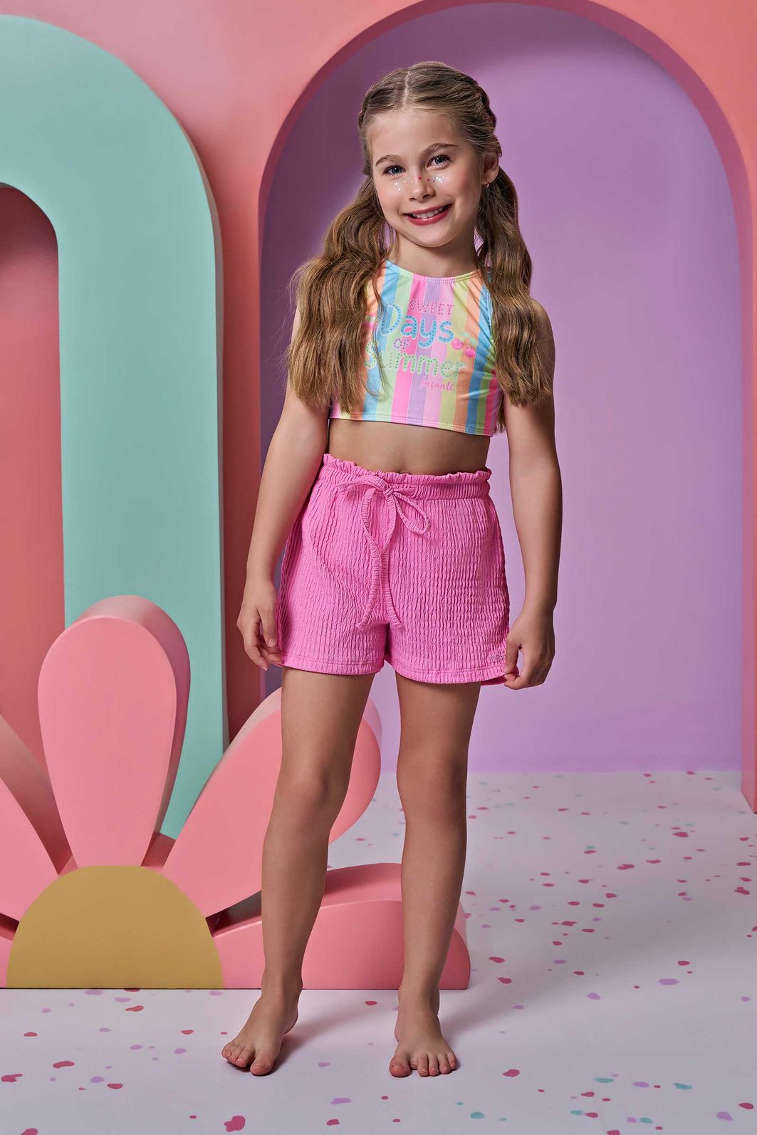 Trio de biquíni em malha UV dry com proteção UV 50+ com shorts em malha textura 96216 Infanti Infantil Menina