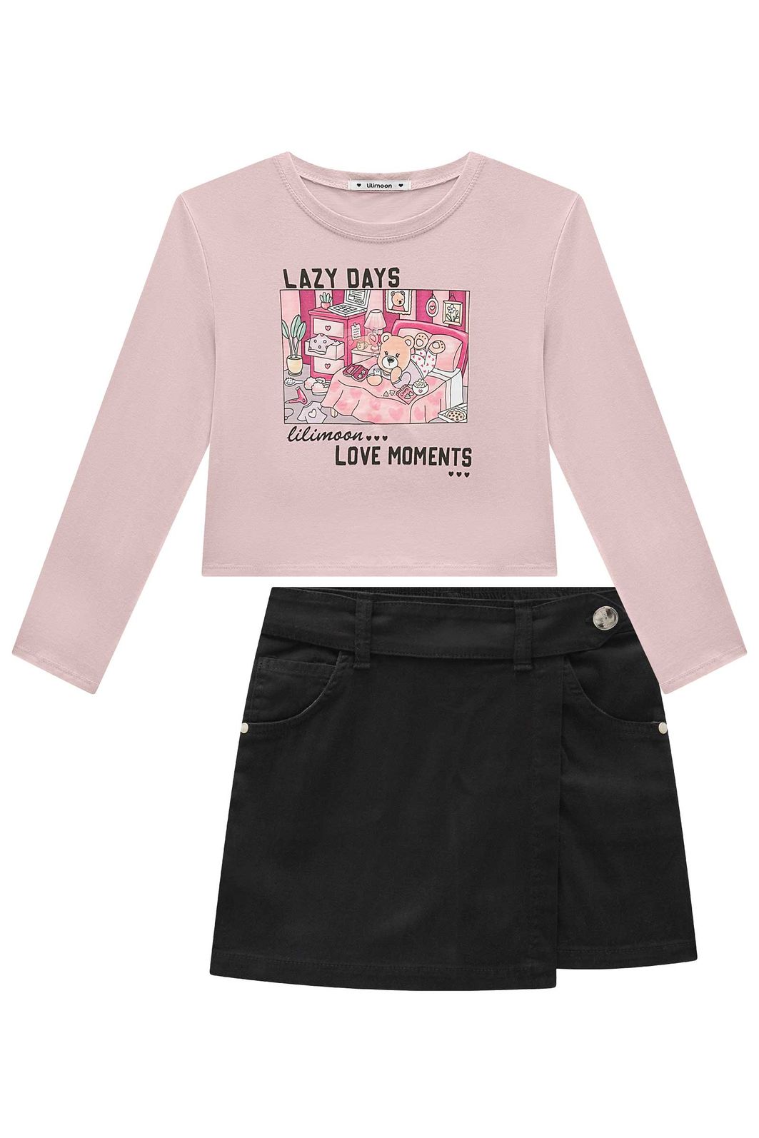 Conjunto de blusa boxy over em meia malha e short saia em sarja com elastano 92163 Lilimoon Teen Menina