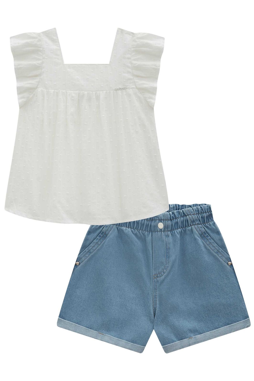Conjunto de bata em tricoline maquinetado e shorts em jeans 96893 Infanti Infantil Menina