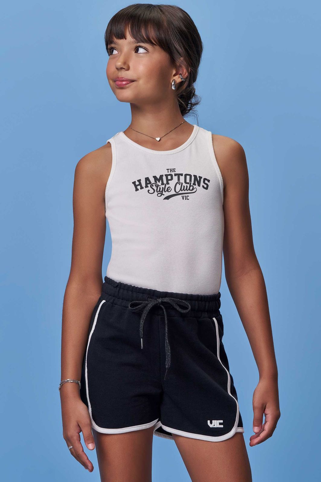Conjunto de regata em canelado liz e shorts em moletom sem pelúcia 98254 Vic Teen Menina Conjunto de regata em canelado liz e shorts em moletom sem pelúcia 98254 Vic Teen Menina