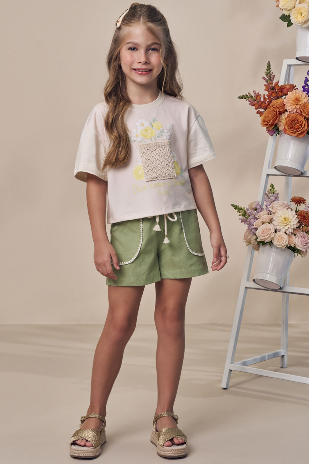 Shorts em linho com elastano 98123 Infanti Infantil Menina
