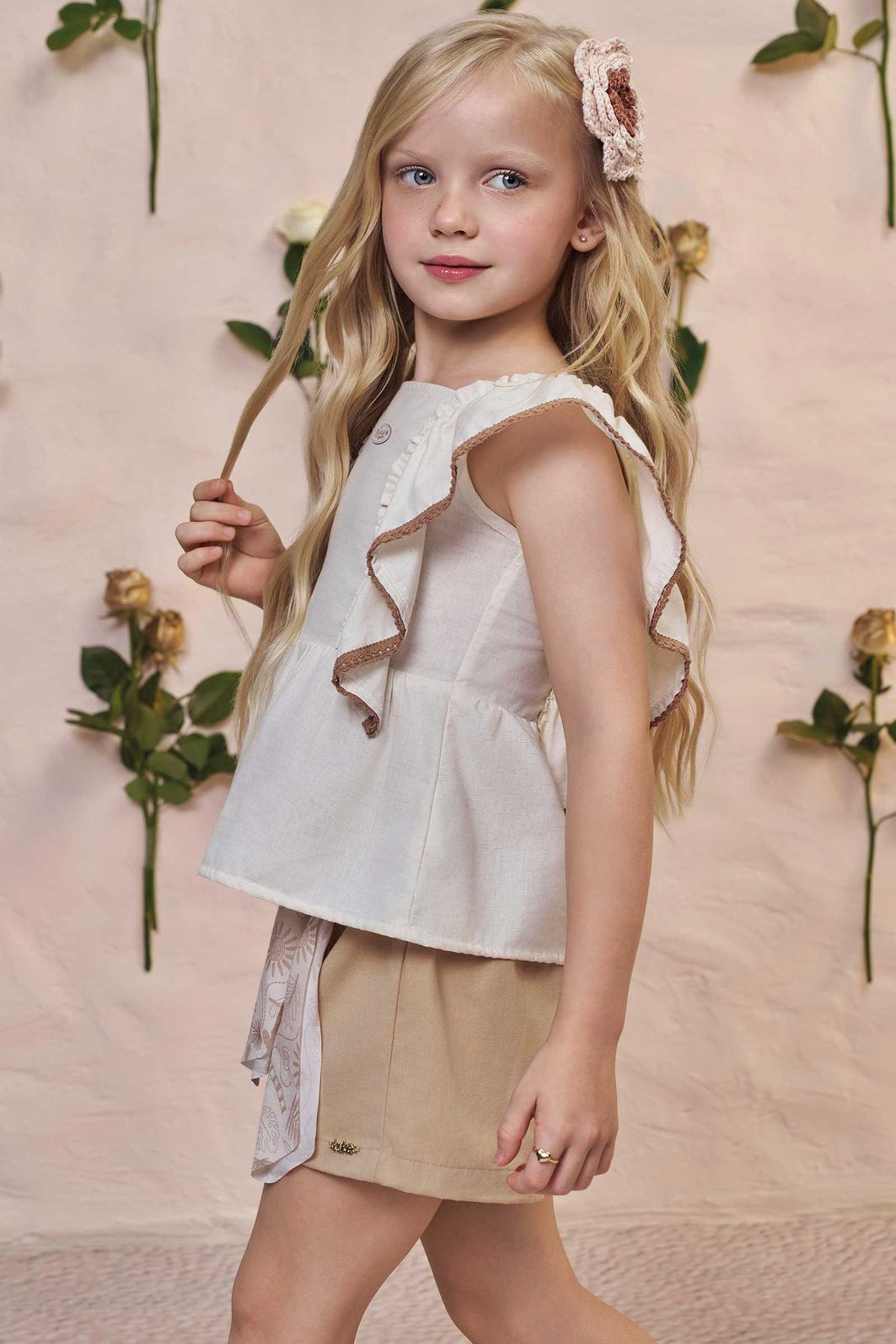 Conjunto de bata em linho deluxe e shorts em linho santorini com elastano 98310 Kukiê Infantil Menina Conjunto de bata em linho deluxe e shorts em linho santorini com elastano 98310 Kukiê Infantil Menina