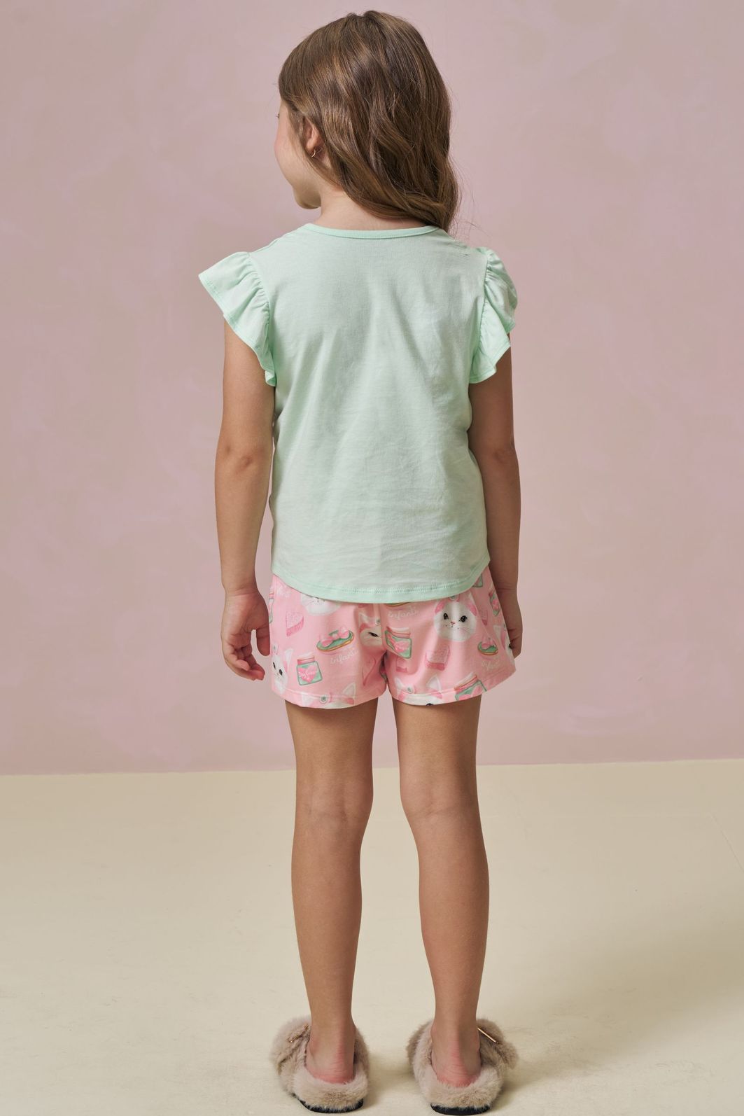 Conjunto de pijama de blusa em meia malha com shorts em malha comfy 96040 Infanti Infantil Menina