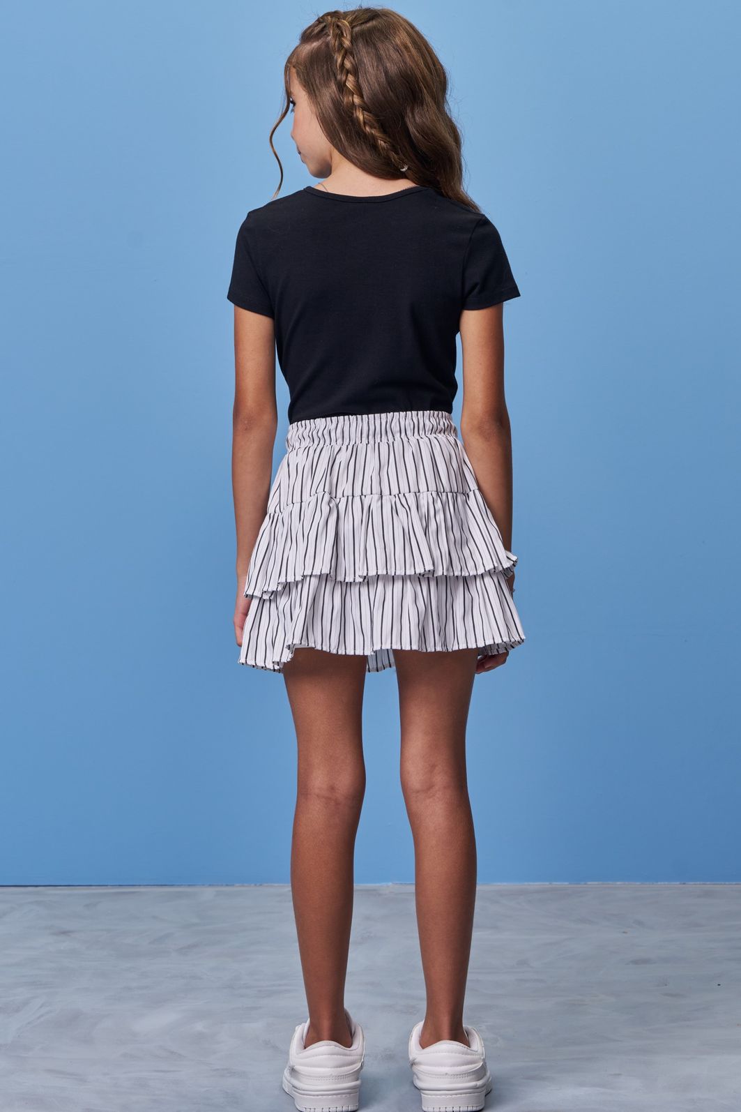 Conjunto de blusa em cotton e saia em tricoline listrado com shorts embutido 98512 Vic Teen Menina Conjunto de blusa em cotton e saia em tricoline listrado com shorts embutido 98512 Vic Teen Menina
