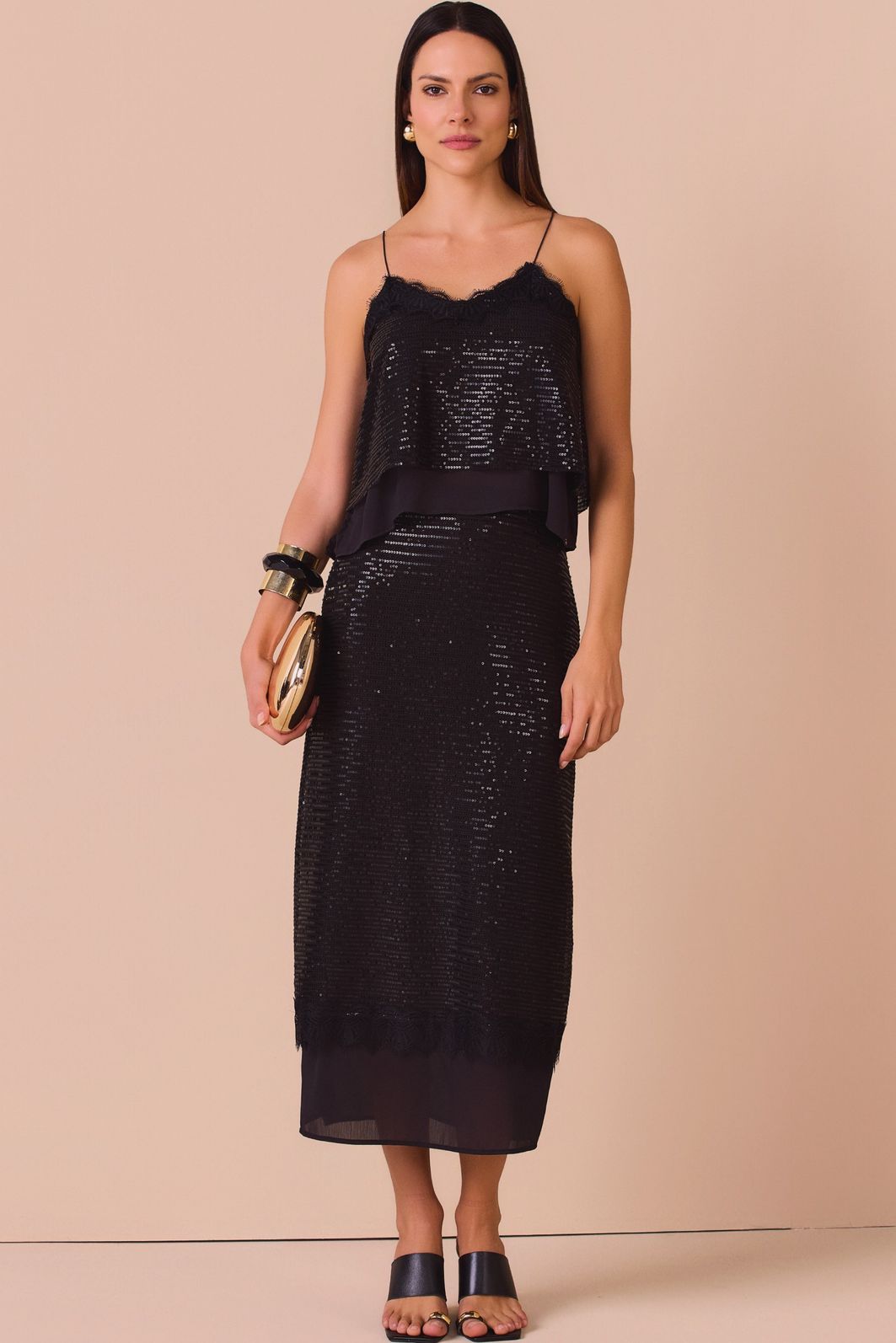 Saia maxi midi em paetê e chiffon texturizado 99688 Linzzi Saia maxi midi em paetê e chiffon texturizado 99688 Linzzi