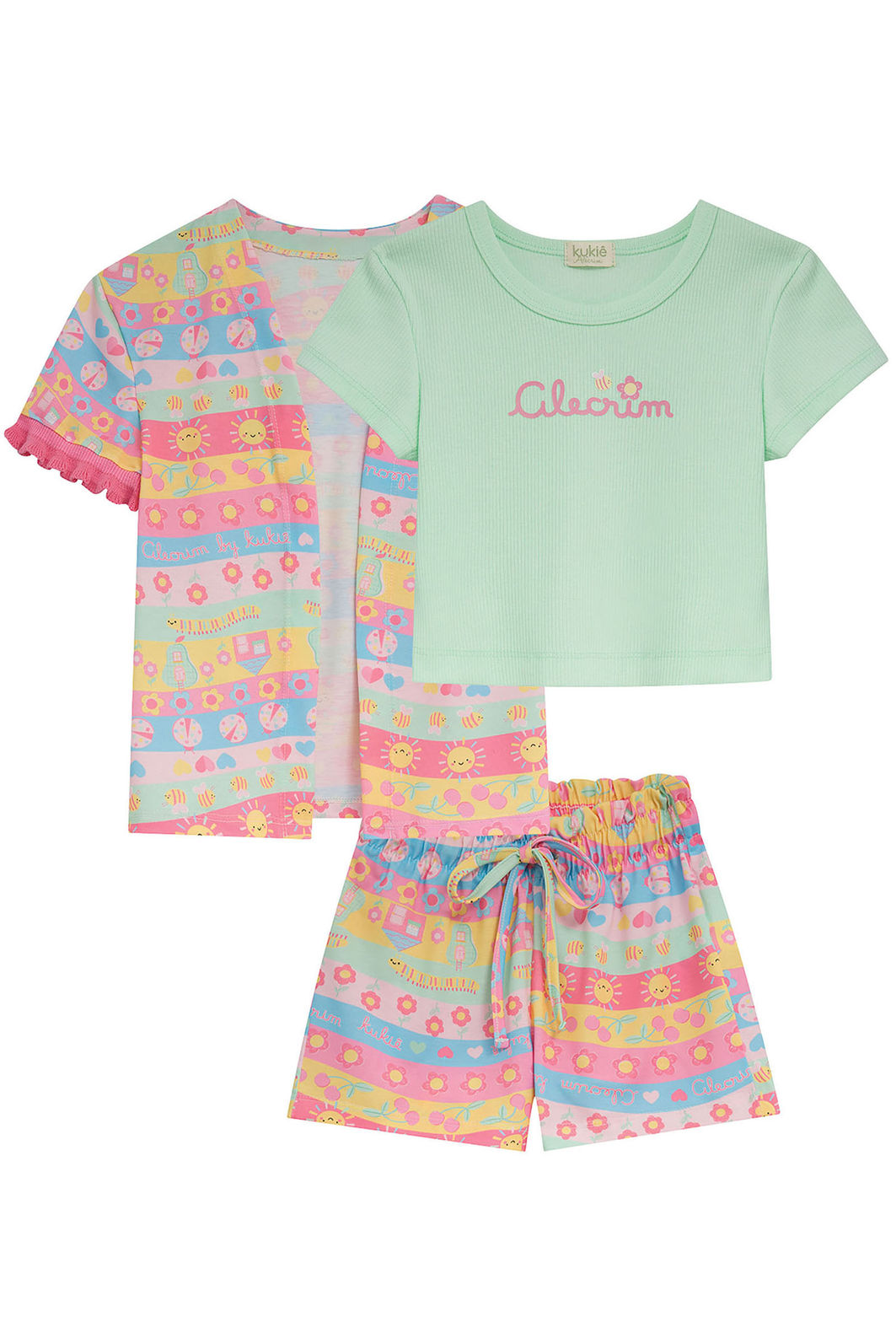 Trio de blusa em canelado e shorts e kimono em malha fresh 95231 Kukiê Infantil Menina Trio de blusa em canelado e shorts e kimono em malha fresh 95231 Kukiê Infantil Menina