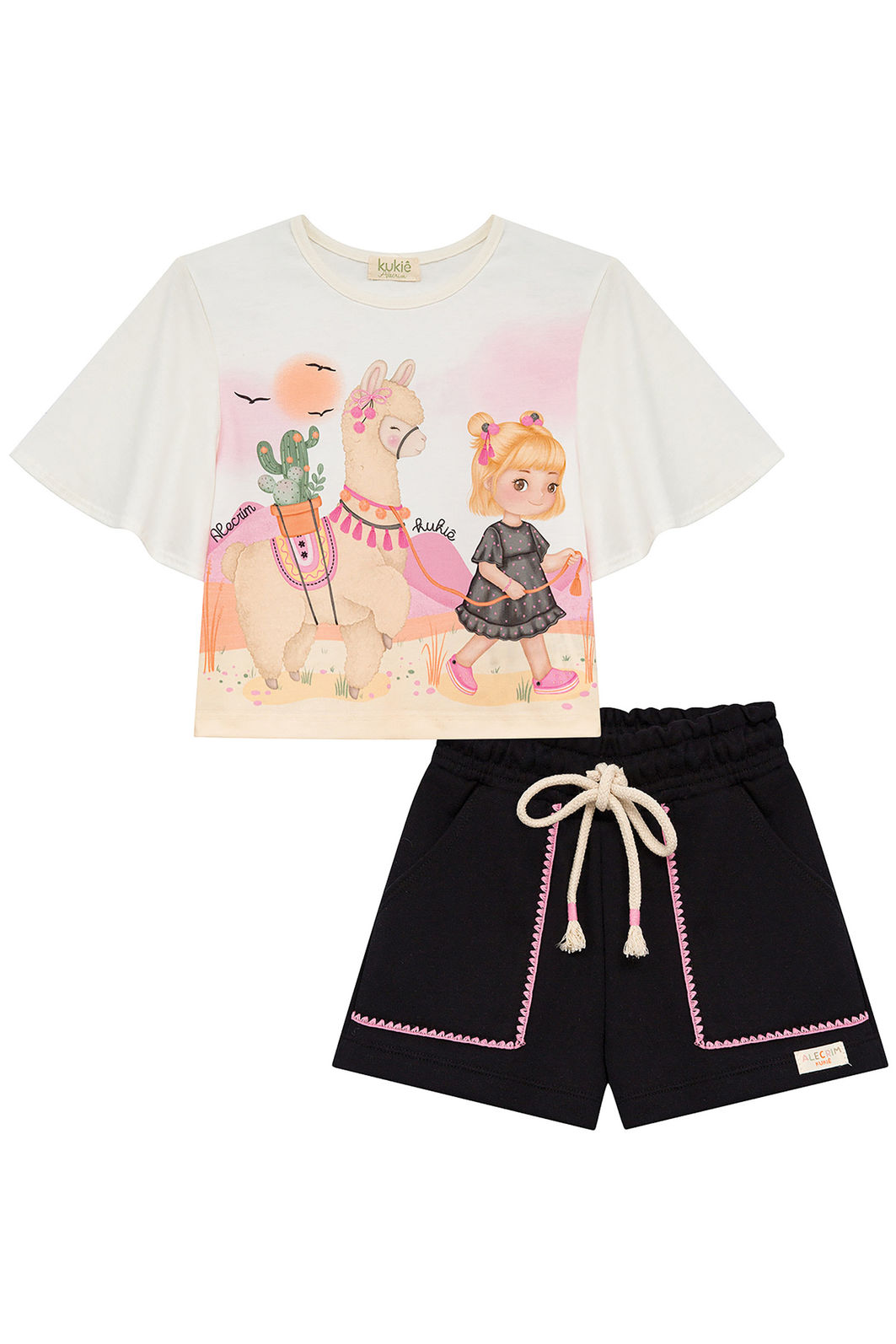 Conjunto de blusa em meia malha e shorts em moletom sem pelúcia 95061 Kukiê Infantil Menina