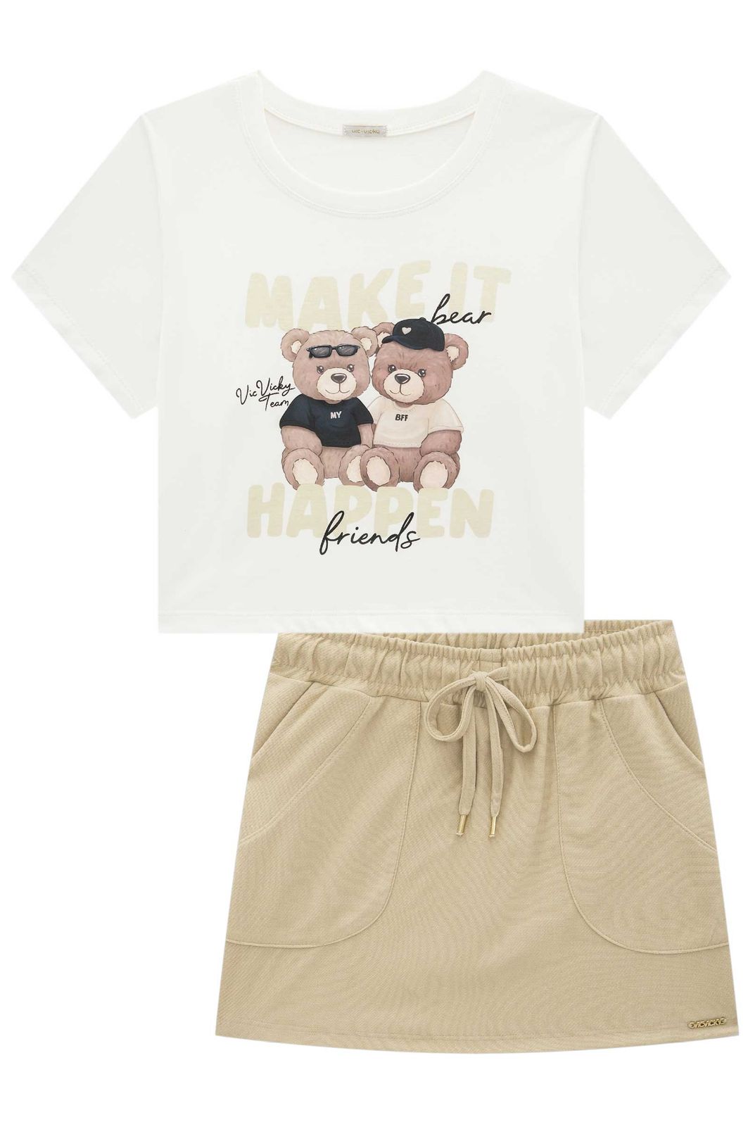 Conjunto de blusa em meia malha e short saia em cotton jeans 95965 Vic Teen Menina Conjunto de blusa em meia malha e short saia em cotton jeans 95965 Vic Teen Menina