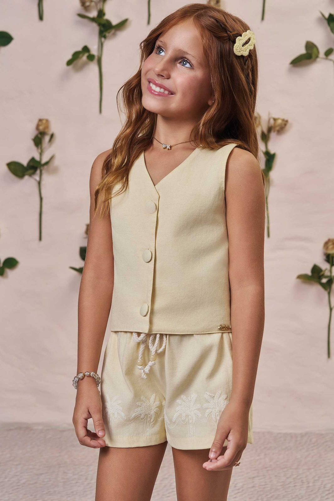 Conjunto de colete e shorts em viscolinho sarjado 98284 Kukiê Infantil Menina
