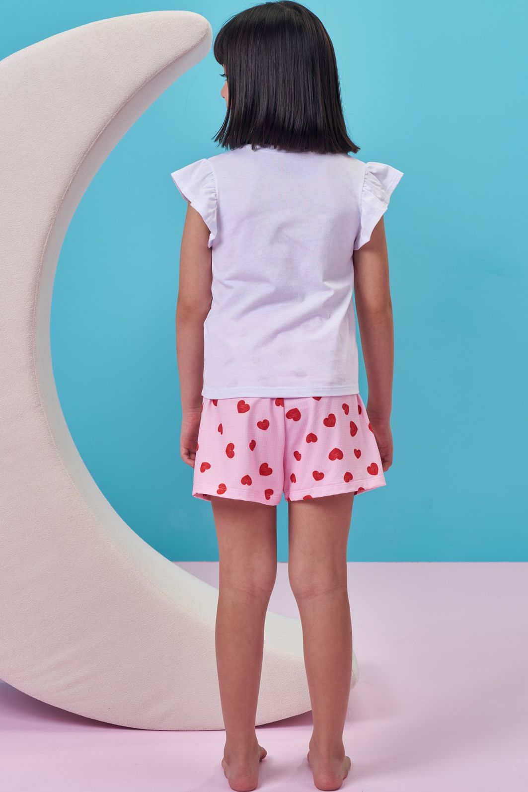 Conjunto de pijama de blusa em meia malha e shorts em malha comfy 99705 Kukiê Infantil Menina