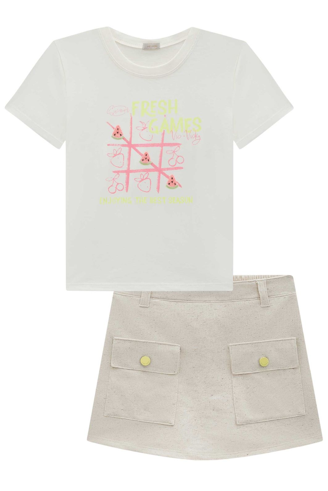 Conjunto de blusa em meia malha e short saia em moletom sem pelúcia 96845 Vic Teen Menina Conjunto de blusa em meia malha e short saia em moletom sem pelúcia 96845 Vic Teen Menina