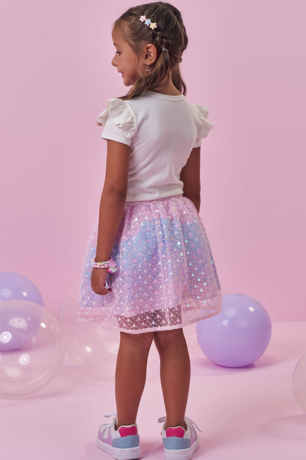 Conjunto de blusa em cotton e saia em tule paetê bordado (com shorts embutido) 99437 Kukiê Infantil Menina