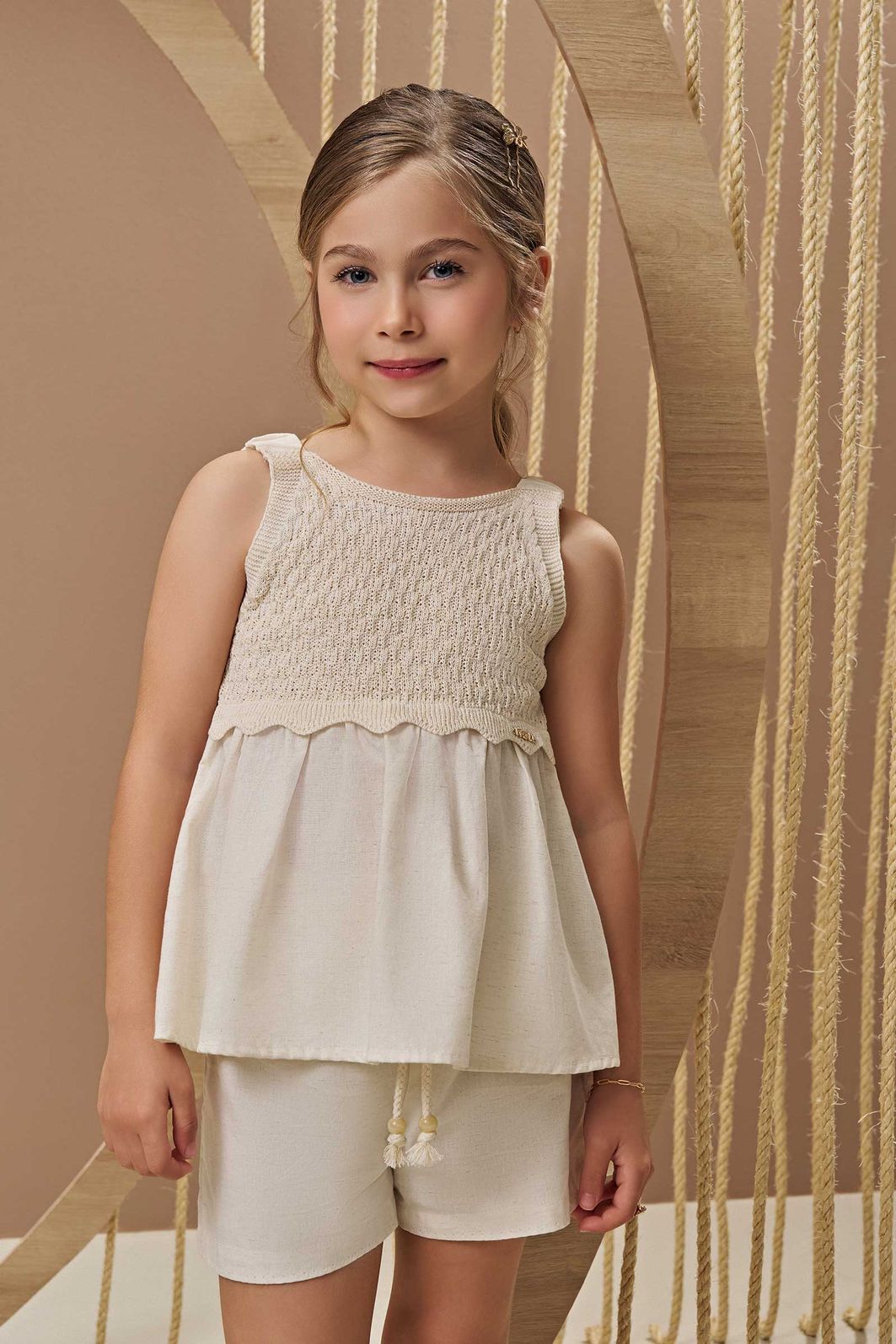 Conjunto de bata em tricot 100% algodão e shorts em linho deluxe 94907 Infanti Infantil Menina