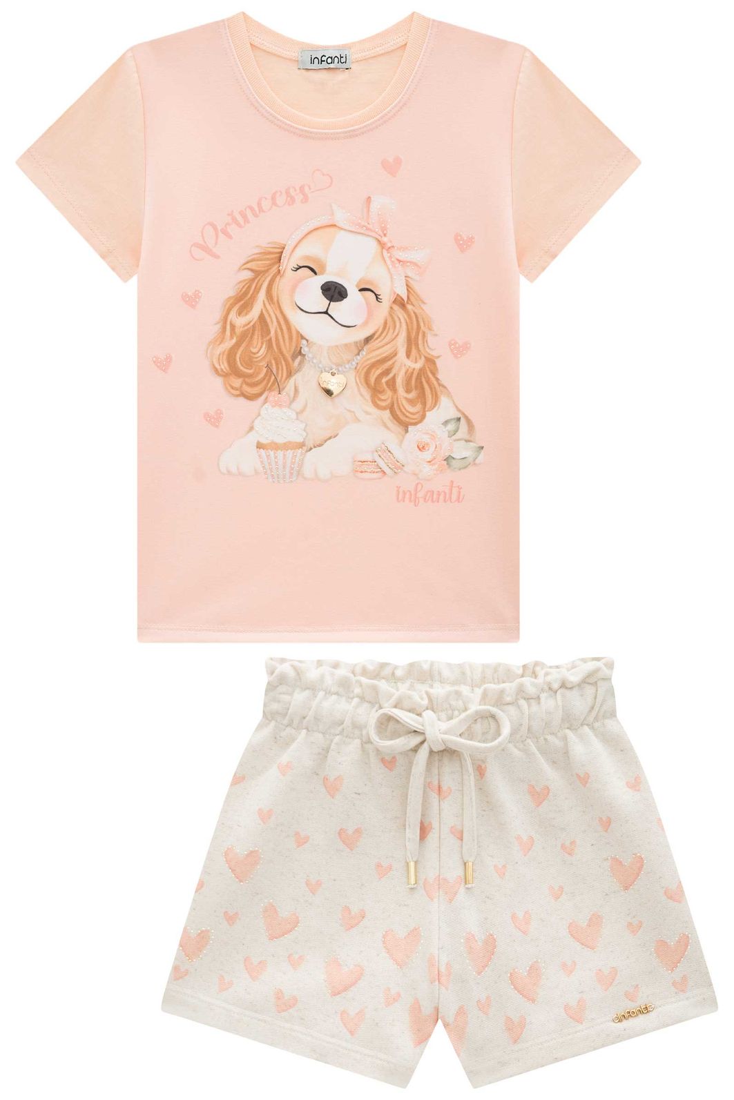 Conjunto de blusa em meia malha e shorts em moletom linho sem pelúcia 96345 Infanti Infantil Menina