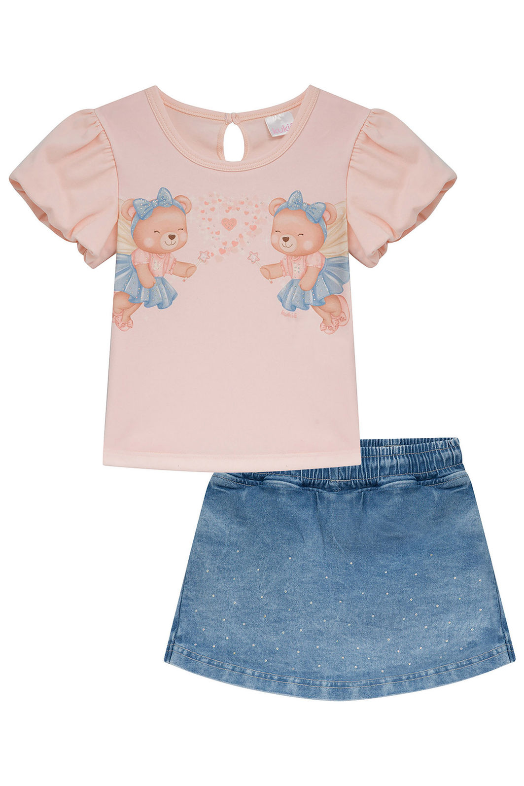 Conjunto de blusa em cotton e short saia em jeans com elastano 95252 Kukiê Infantil Menina Conjunto de blusa em cotton e short saia em jeans com elastano 95252 Kukiê Infantil Menina