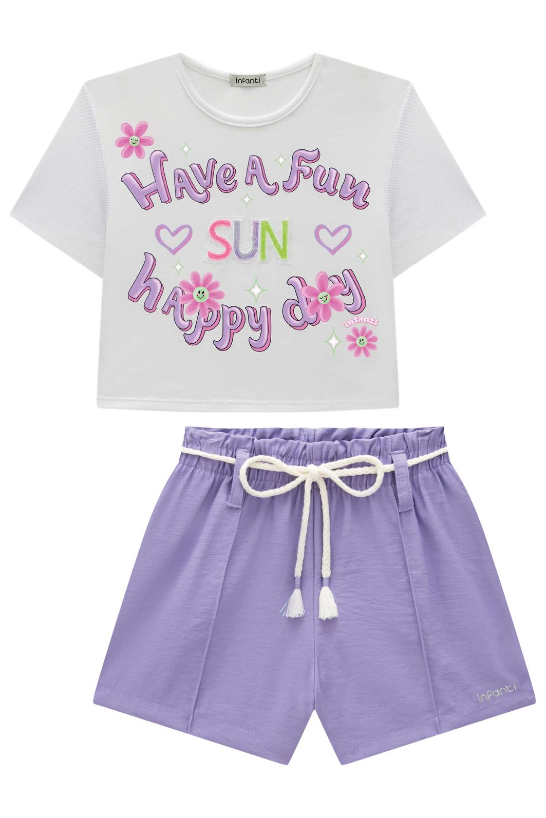 Conjunto de blusa em meia malha e tela e shorts em blend de viscose 93215 Infanti Infantil Menina Conjunto de blusa em meia malha e tela e shorts em blend de viscose 93215 Infanti Infantil Menina