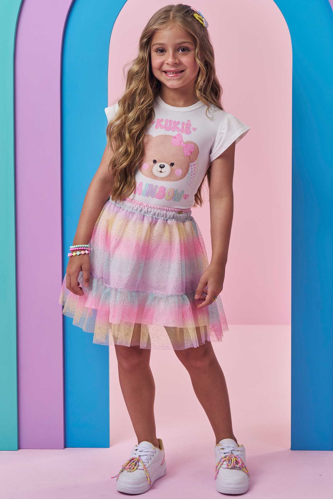 Conjunto de blusa em cotton e saia em tule (com shorts embutido) 99428 Kukiê Infantil Menina