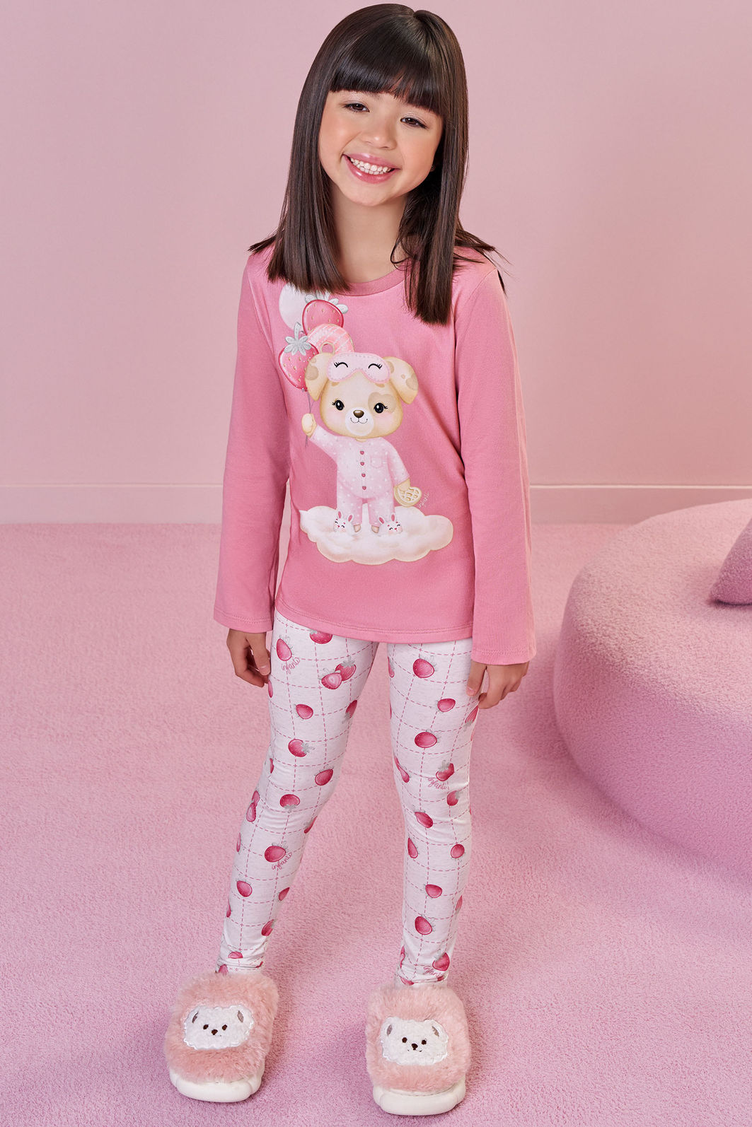 Conjunto de pijama de blusa em meia malha com calça legging em malha comfy 92399 Infanti Infantil Menina Conjunto de pijama de blusa em meia malha com calça legging em malha comfy 92399 Infanti Infantil Menina