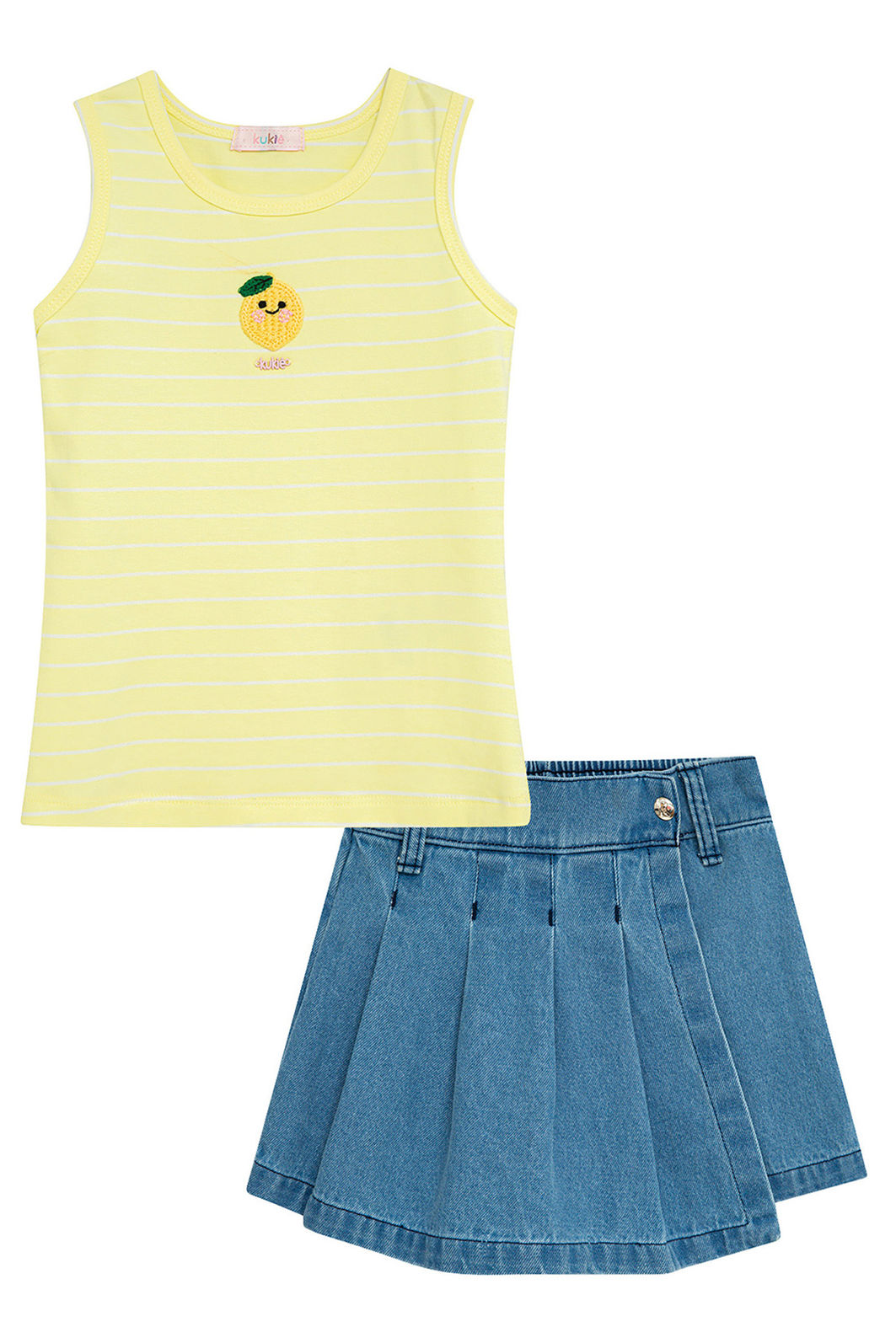 Conjunto de regata em cotton fio tinto e short saia em jeans 95346 Kukiê Infantil Menina Conjunto de regata em cotton fio tinto e short saia em jeans 95346 Kukiê Infantil Menina