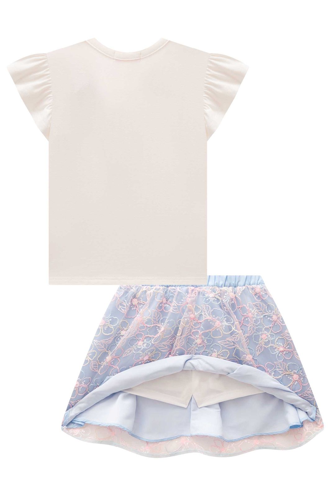 Conjunto de blusa em cotton e saia em tule bordado (com shorts embutido) 98712 Kukiê Infantil Menina