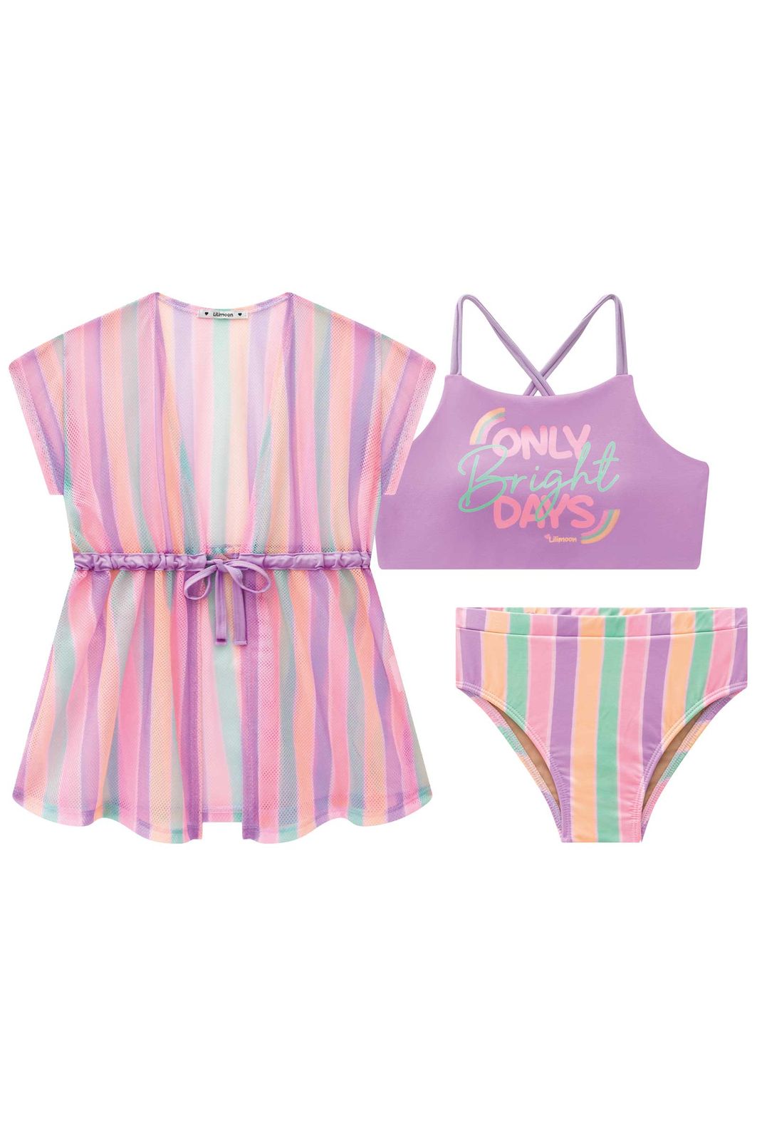 Trio de biquíni em malha UV dry com proteção UV 50+ e saida de praia em tela fashion 96452 Lilimoon Teen Menina Trio de biquíni em malha UV dry com proteção UV 50+ e saida de praia em tela fashion 96452 Lilimoon Teen Menina