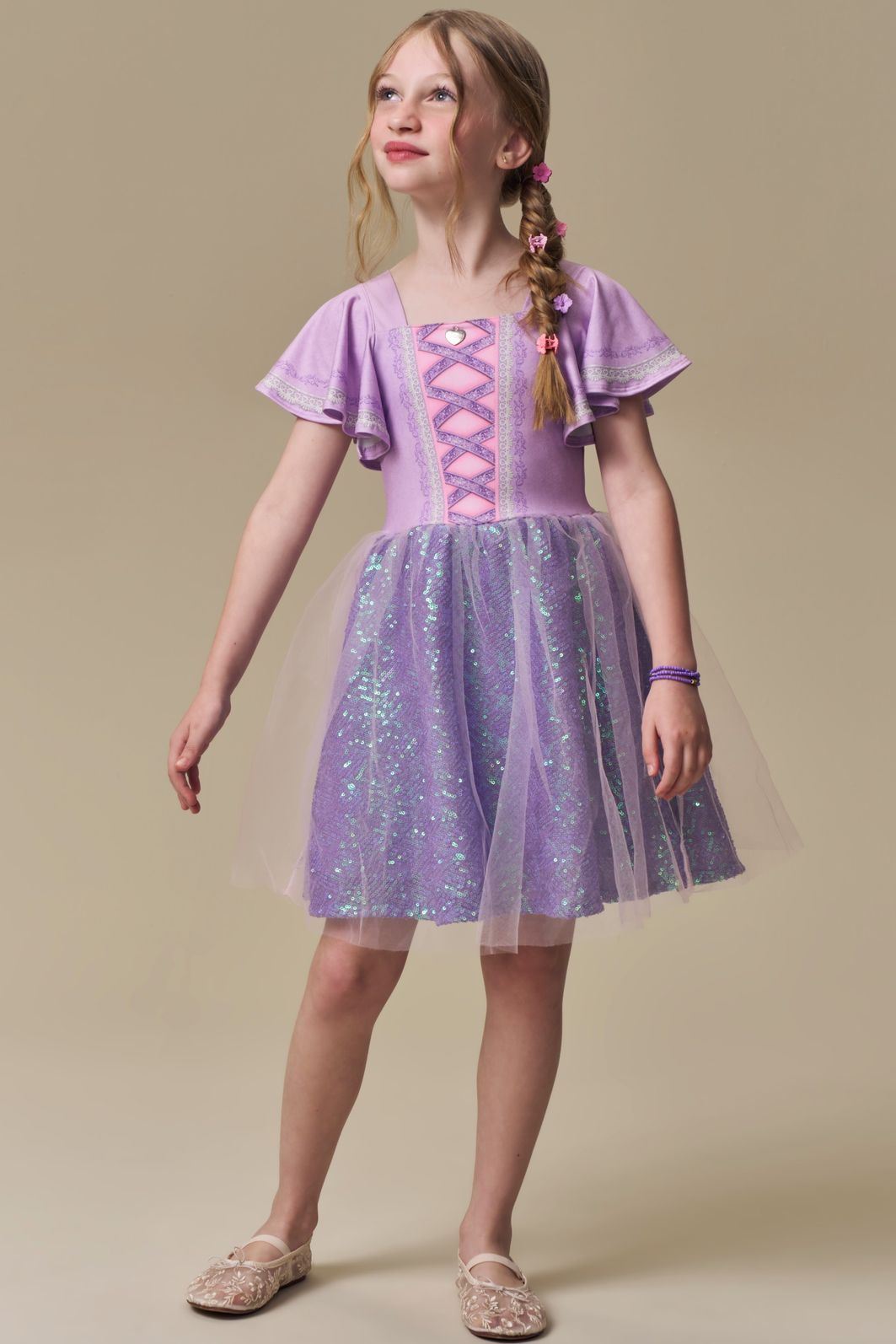 Fantasia de princesa da torre em malha UV, paetê e tule. 97668 Infanti Infantil Menina