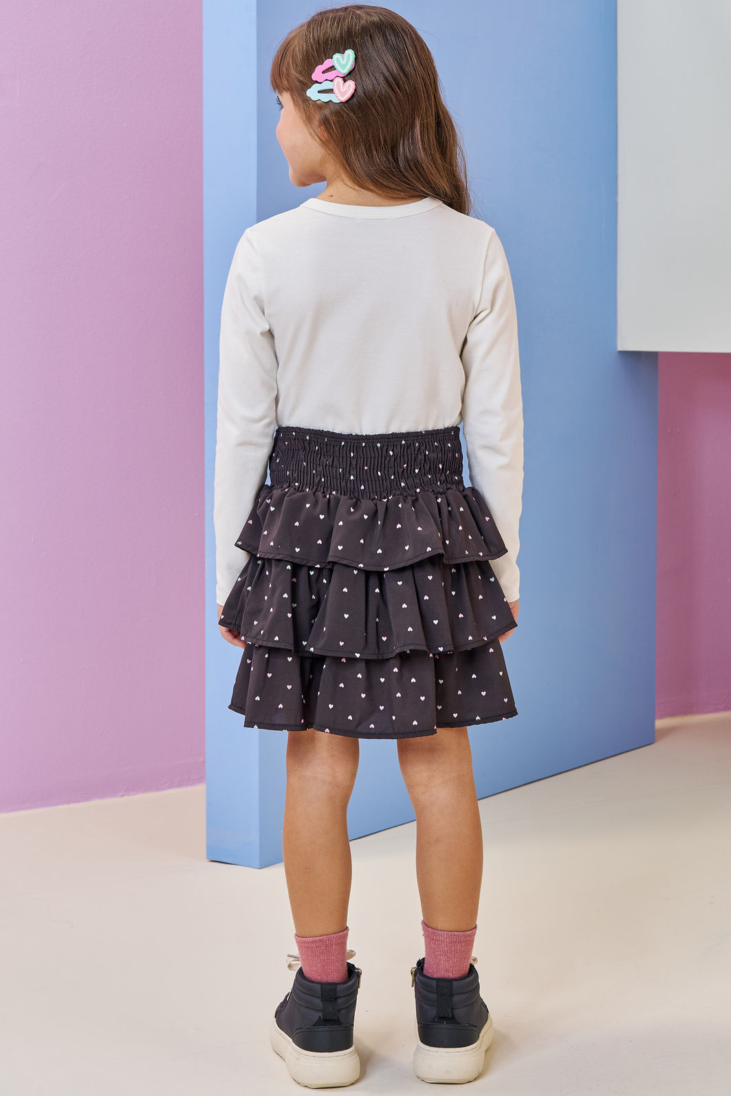 Conjunto de blusa boxy em cotton e saia em light peach. Com shorts embutido 92551 Infanti Infantil Menina