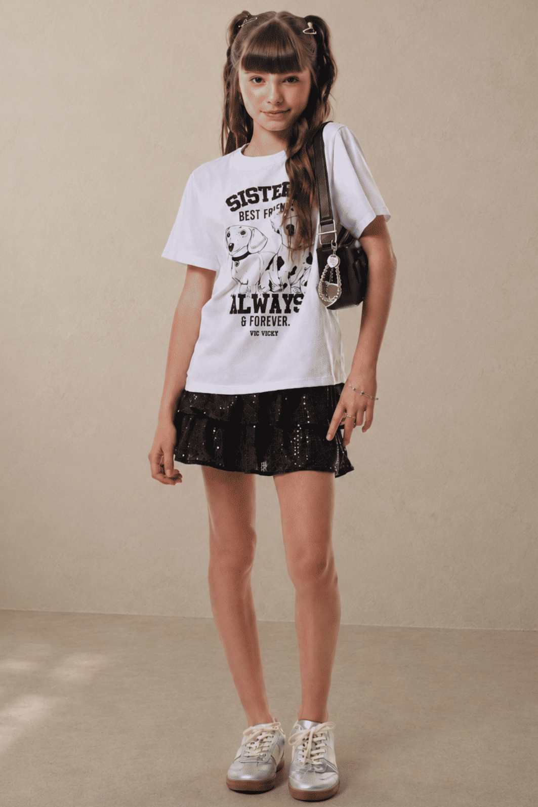 Saia ruffles em malha brilho com shorts embutido 96927 Vic Teen Menina