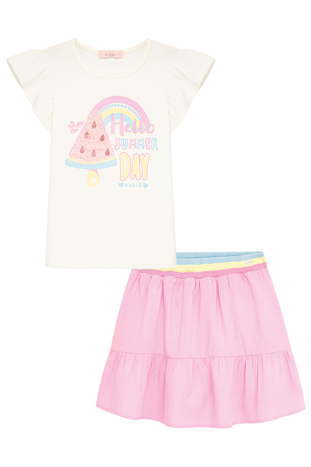 Conjunto de blusa em canelado e saia em viscose (com shorts embutido) 96383 Kukiê Infantil Menina