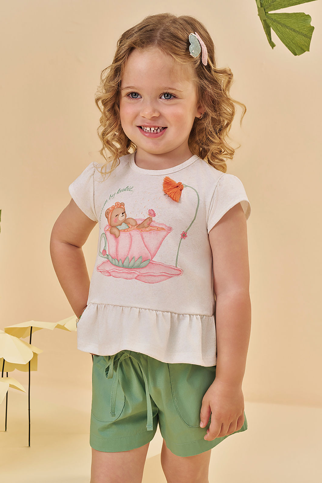 Conjunto de bata em malha fresh e shorts em tricoline com elastano 95262 Kukiê Infantil Menina Conjunto de bata em malha fresh e shorts em tricoline com elastano 95262 Kukiê Infantil Menina