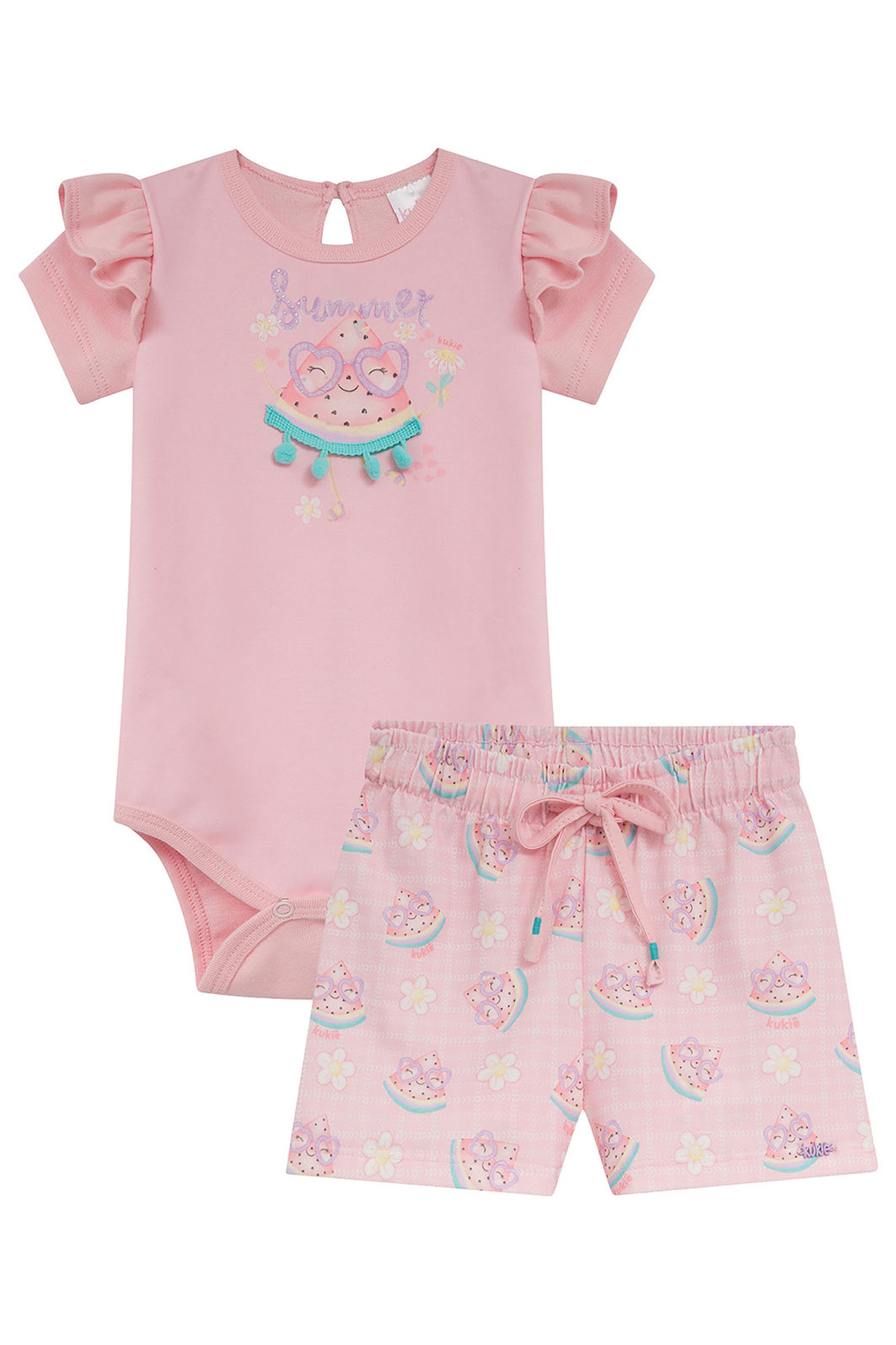 Conjunto de body em ribana 1x1 e shorts em malha power 95325 Kukiê Bebê Menina Conjunto de body em ribana 1x1 e shorts em malha power 95325 Kukiê Bebê Menina