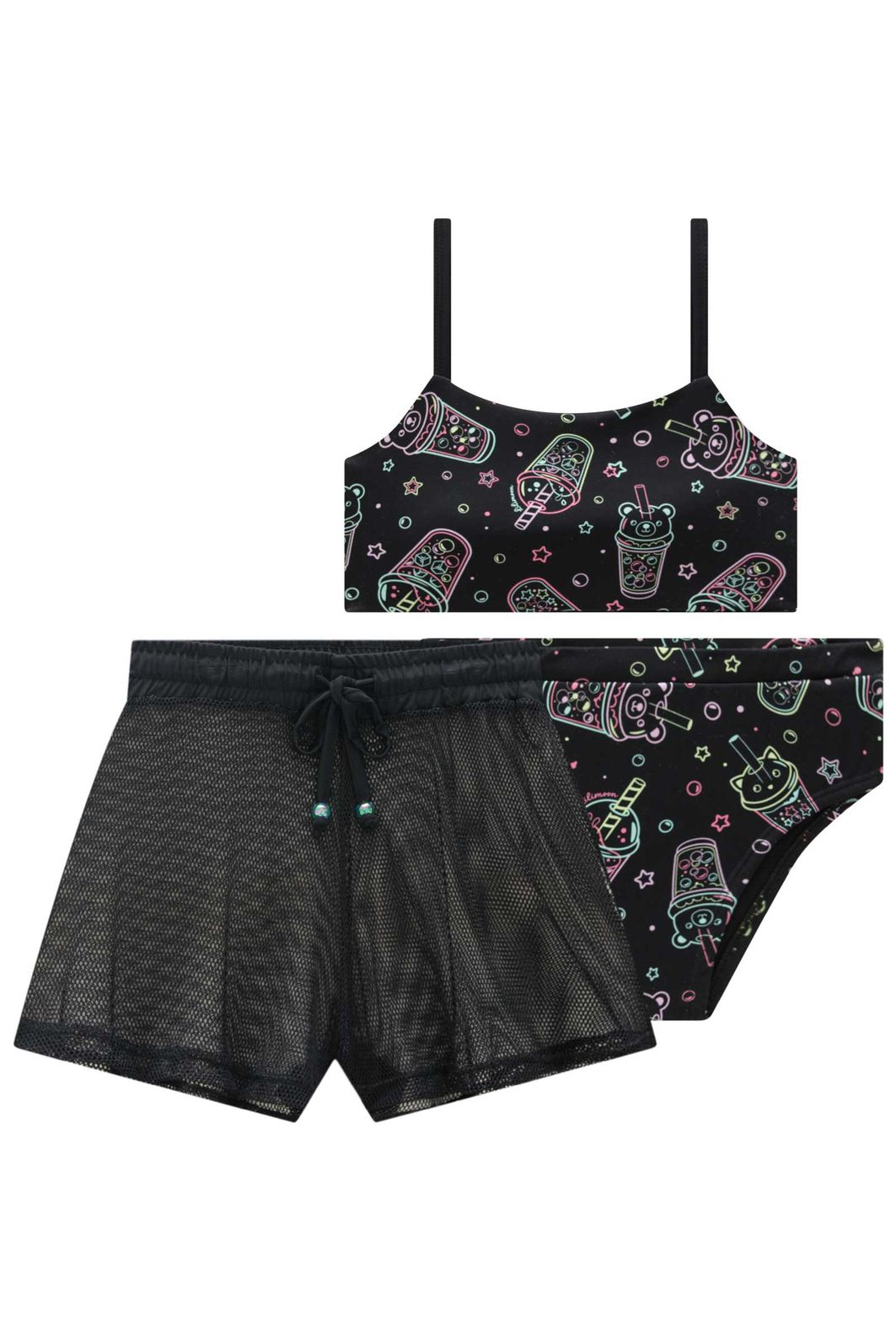 Trio de biquíni em malha UV dry com proteção UV 50+ e shorts em tela glamour 99537 Lilimoon Teen Menina