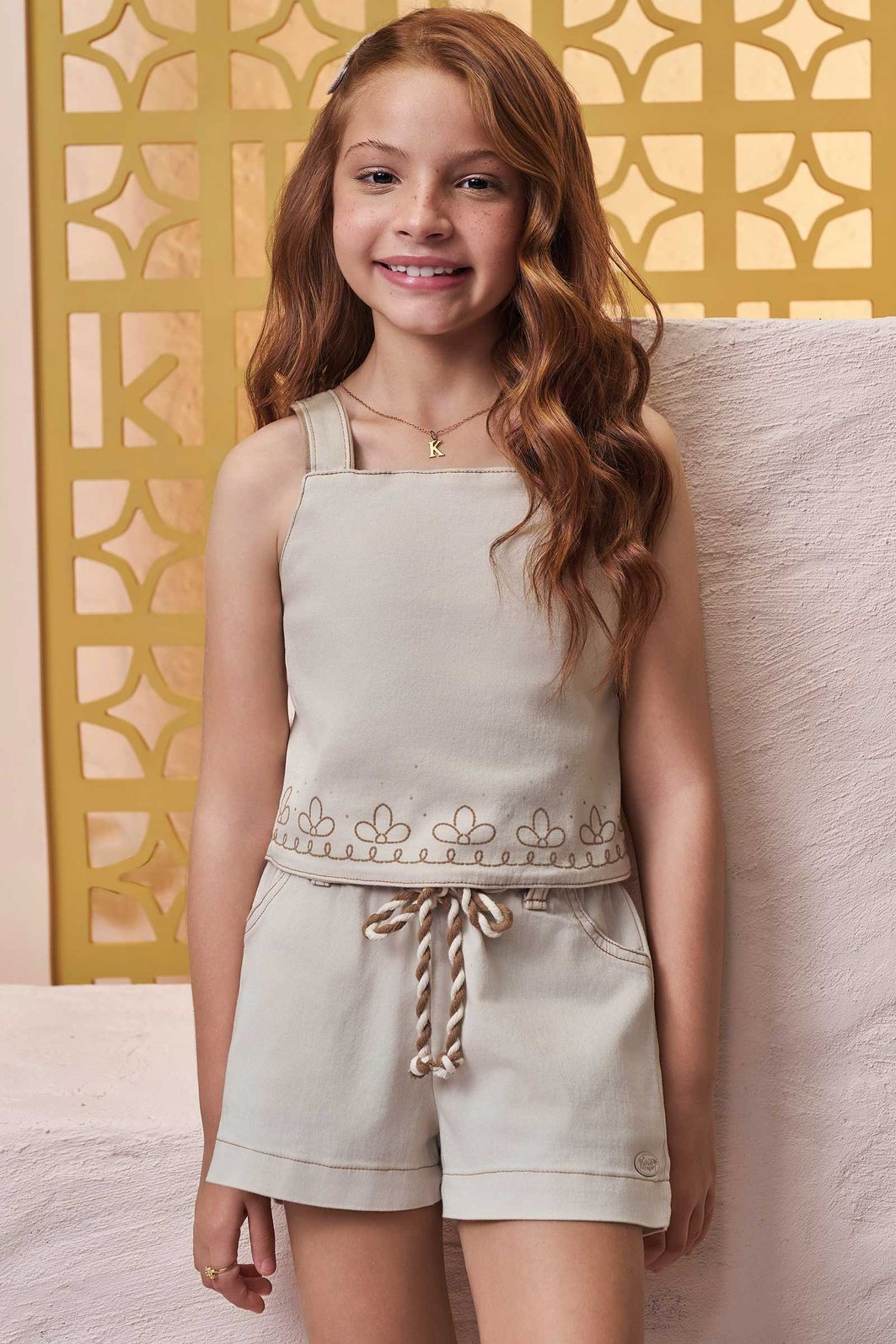 Conjunto de blusa e shorts em sarja com elastano 98067 Kukiê Infantil Menina