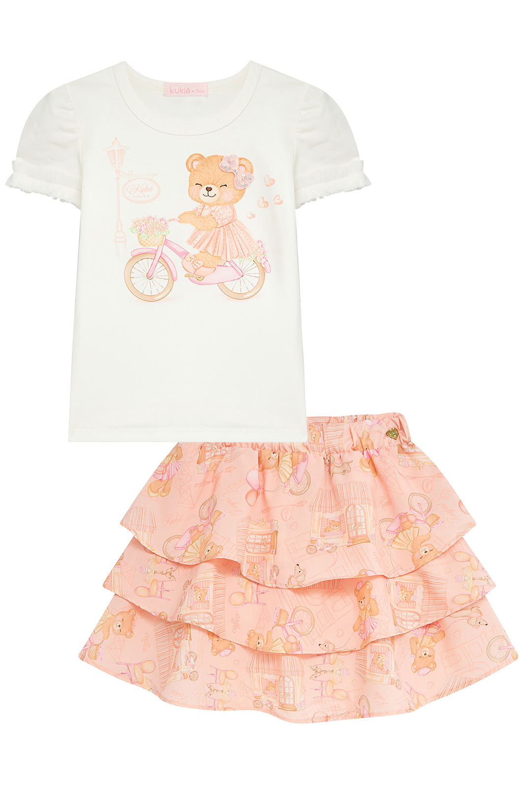 Conjunto de blusa em cotton e saia em light peach (com shorts embutido) 96520 Kukiê Infantil Menina