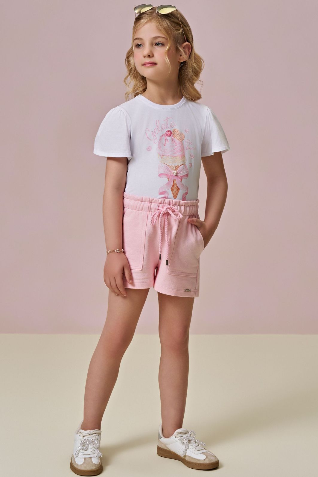 Conjunto de blusa em meia malha e shorts em moletom sem pelúcia 96267 Infanti Infantil Menina