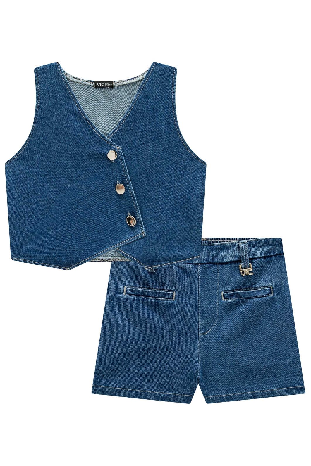 Conjunto de colete e short em jeans 98881 Vic Teen Menina