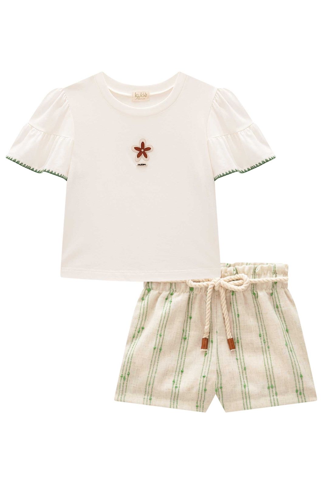 Conjunto de blusa em meia malha e shorts em linho bordado listras 98273 Kukiê Infantil Menina