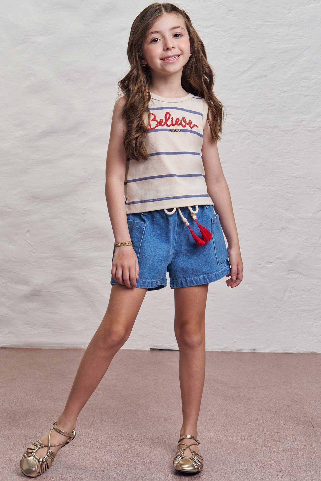 Conjunto de regata em meia malha e shorts em jeans wishita 98892 Infanti Infantil Menina Conjunto de regata em meia malha e shorts em jeans wishita 98892 Infanti Infantil Menina