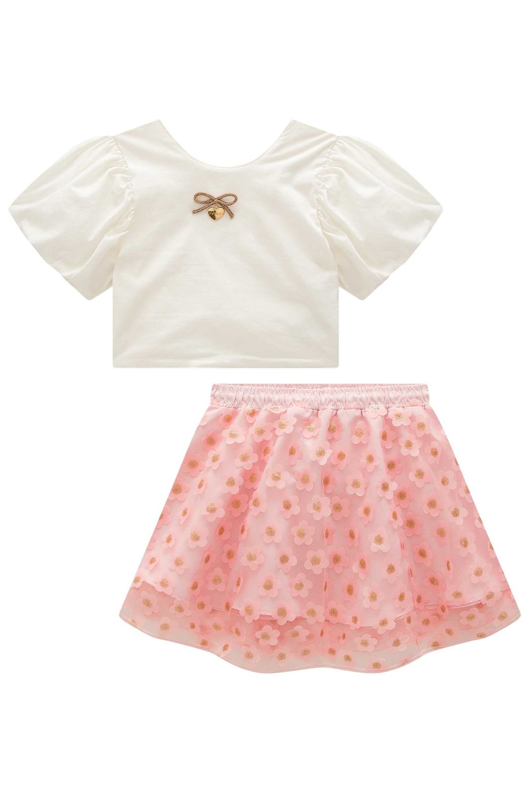 Conjunto de blusa em tricoline e saia em tule bordado flower. Com shorts embutido 99080 Infanti Infantil Menina