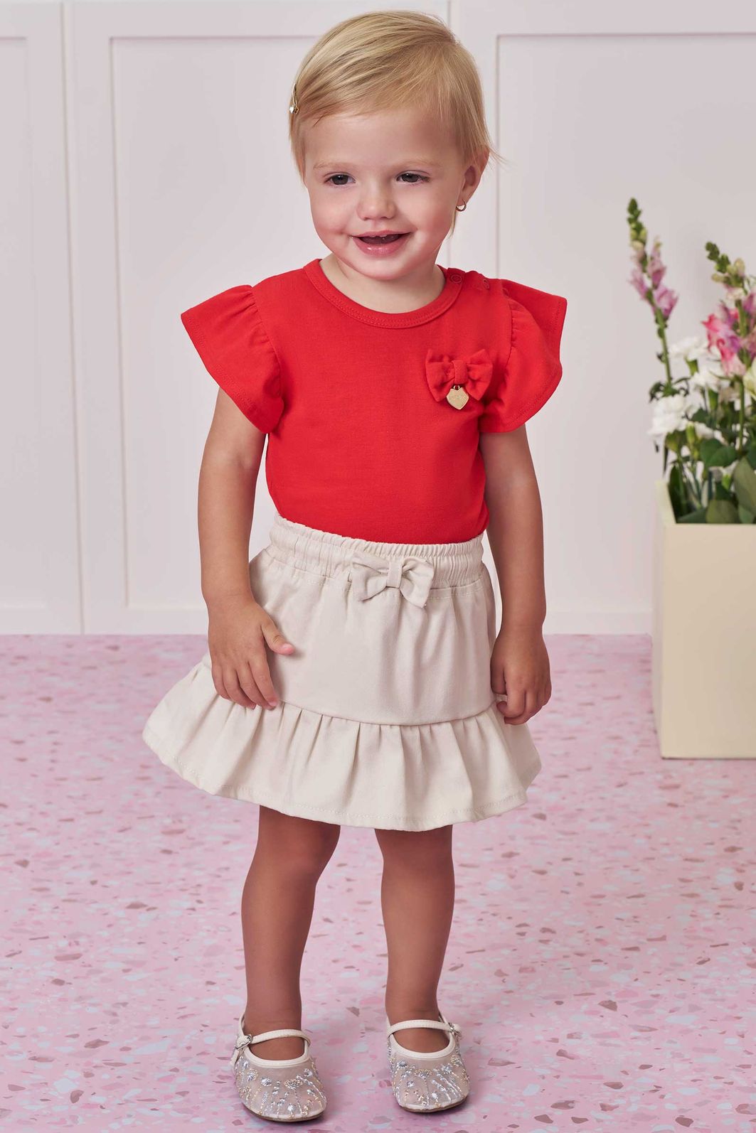 Conjunto de body em cotton e saia em sarja com elastano 98599 Infanti Bebê Menina Conjunto de body em cotton e saia em sarja com elastano 98599 Infanti Bebê Menina