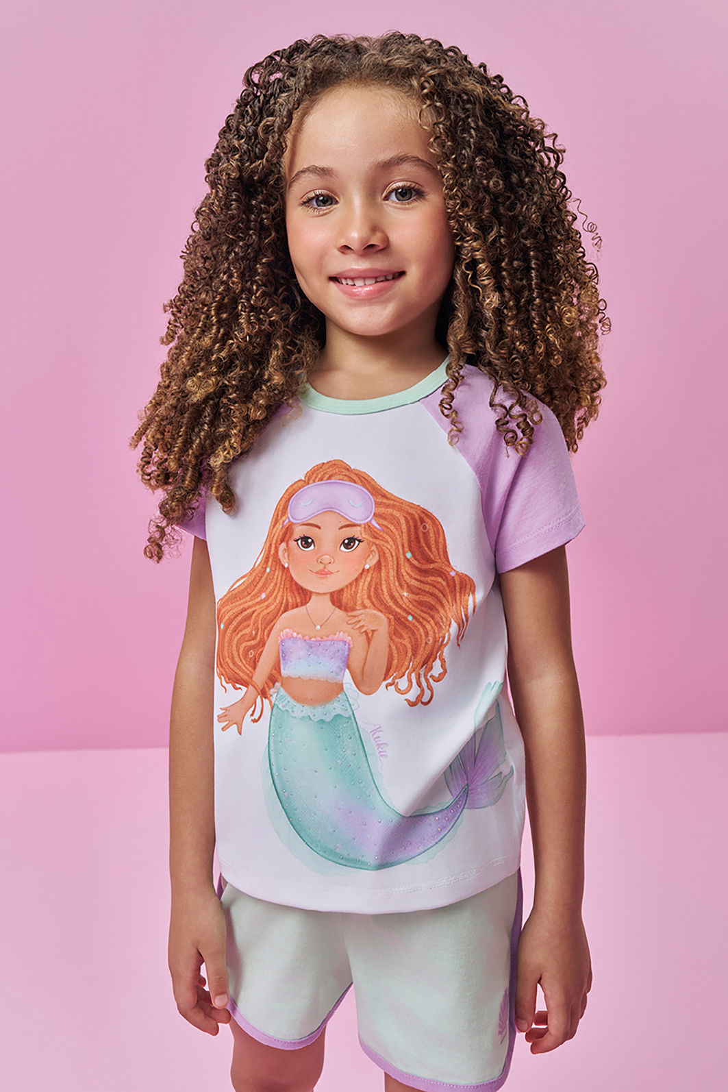 Conjunto de pijama de blusa e shorts em meia malha 94283 Kukiê Infantil Menina