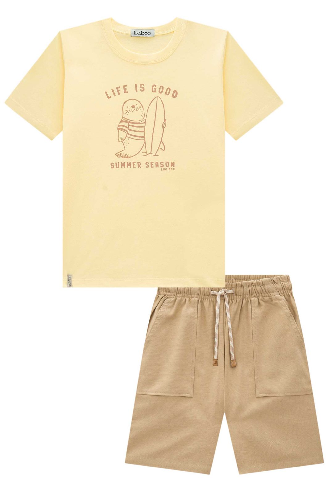 Conjunto de camiseta em meia malha e bermuda em linho santorine com elastano 96555 LucBoo Infantil Menino Conjunto de camiseta em meia malha e bermuda em linho santorine com elastano 96555 LucBoo Infantil Menino